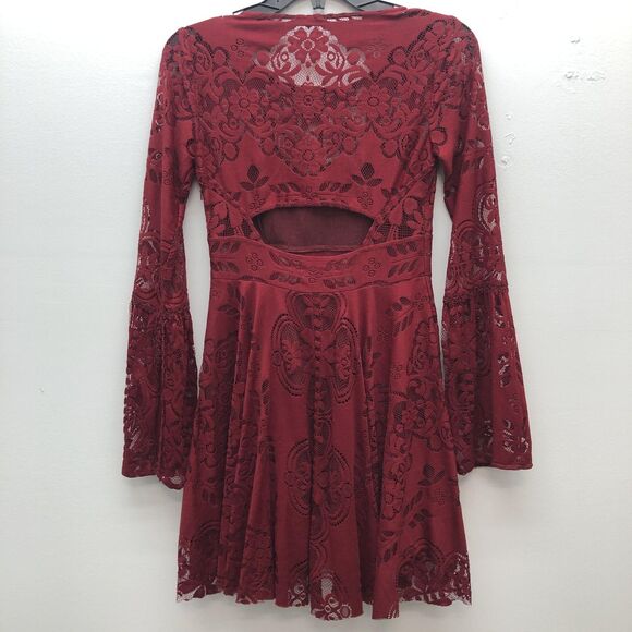 Free People Dress Womens XS Lace Bell Sleeve‎ Boho Cutout Fit Flare Party - Picture 8 of 14